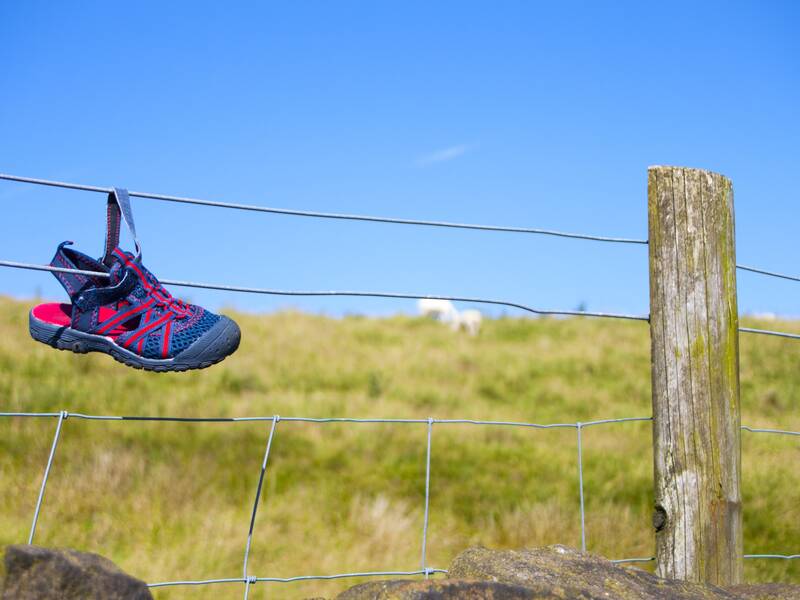 Ein einzelner blauer und roter Schuh hängt an einem Drahtzaun in einer grünen Wiesenlandschaft unter einem blauen Himmel. Bild von Scott Warburton auf Pixabay