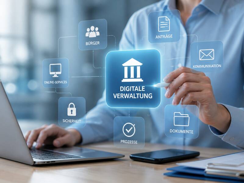 Eine Person in einem Hemd arbeitet an einem Laptop, während sie mit einem digitalen Interface interagiert, das Begriffe wie "Digitale Verwaltung", "Bürger" und "Sicherheit" anzeigt.