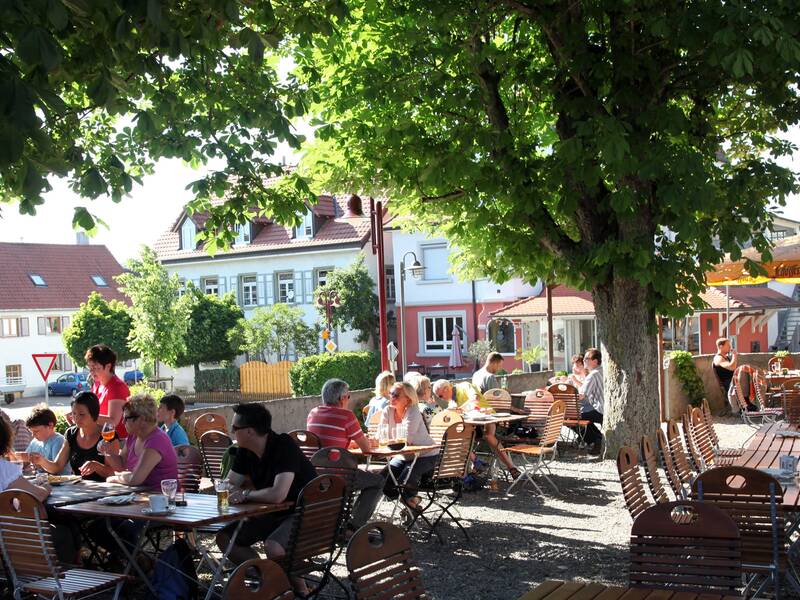 Eine Gruppe von Menschen sitzt an Holztischen im Freien unter einem großen Baum in einem Biergarten, während ein Kellner Getränke serviert.