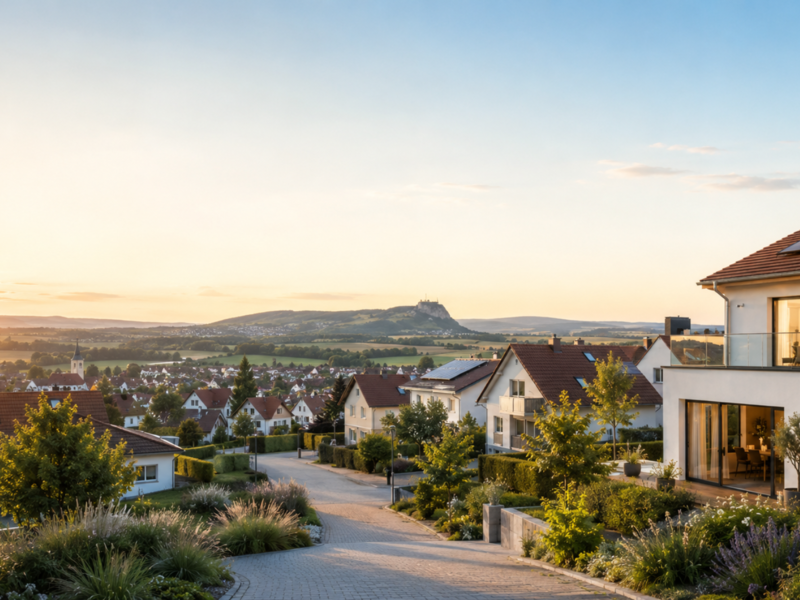 Die idyllische Wohnsiedlung mit modernen Häusern und Gärten erstreckt sich vor einer malerischen Landschaft, die im warmen Licht eines Sonnenuntergangs erstrahlt.