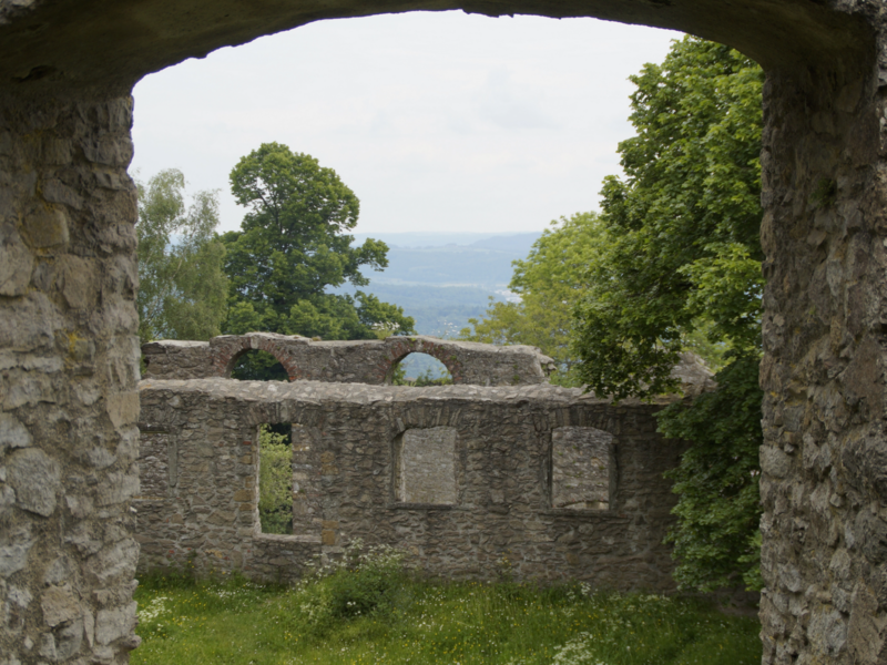 Ein steinerner Torbogen eröffnet den Blick auf eine Ruine, umgeben von Bäumen und einer grünen Wiese.