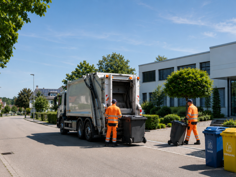 Zwei Müllwerker leeren Mülltonnen in ein Müllauto auf einer ruhigen, sonnigen Straße vor modernen Gebäuden.