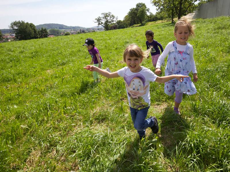 Vier fröhliche Kinder laufen auf einer grünen Wiese an einem sonnigen Tag.