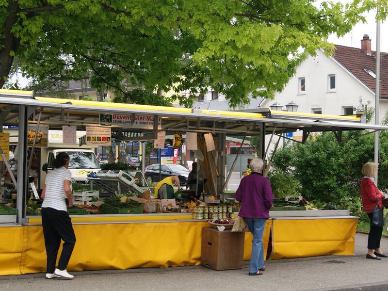 Mehrere Menschen kaufen an einem mit frischen Produkten gefüllten Marktstand unter einem Baum ein, während im Hintergrund Wohnhäuser zu sehen sind.