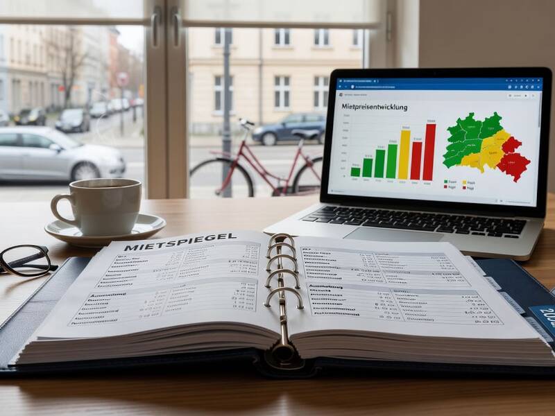 Auf einem Tisch liegen eine geöffnete Mietspiegelmappe, eine Brille und eine Kaffeetasse, während im Hintergrund ein Laptop mit einem Diagramm der Mietpreisentwicklung steht und draußen ein rotes Fahrrad zu sehen ist.