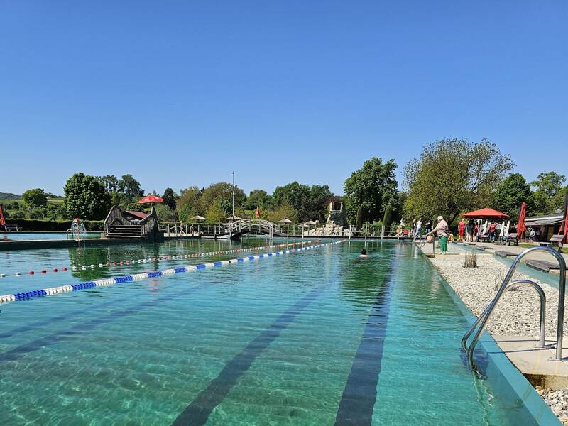 Ein großes Schwimmbecken im Freien mit Schwimmbahnen, umgeben von Bäumen und mehreren Personen am Rand bei sonnigem Wetter.