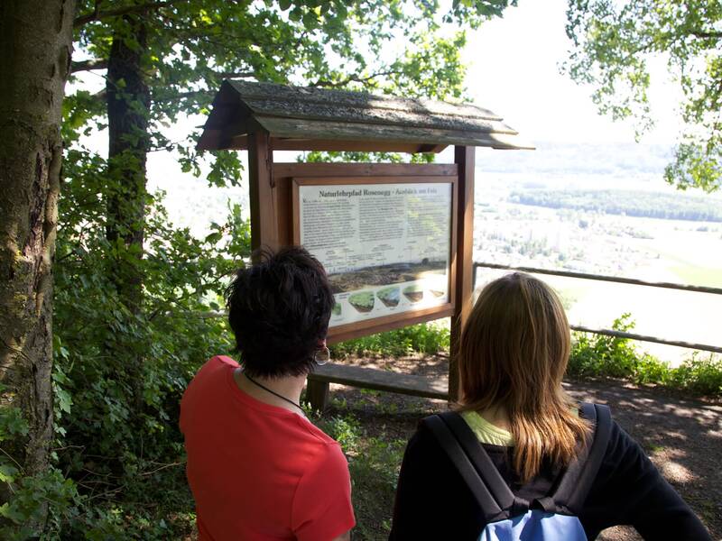 Zwei Personen betrachten eine Holztafel mit Informationen in einem bewaldeten Gebietsabschnitt mit Blick auf eine weitläufige Landschaft.