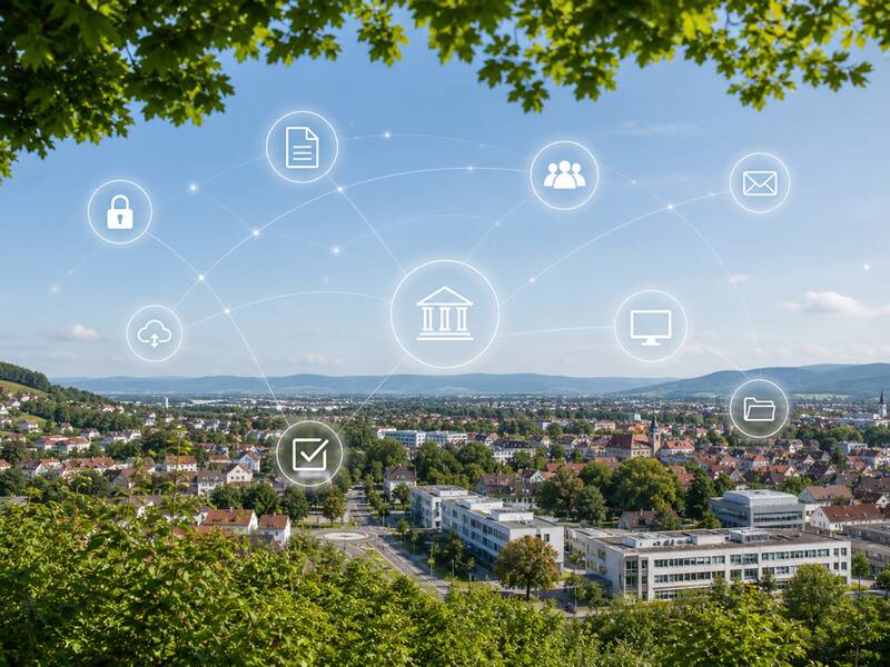 Blick über eine Gemeinde mit digitalen Symbolen, die Vernetzung und Kommunikation darstellen, im Vordergrund Blätter eines Baumes.
