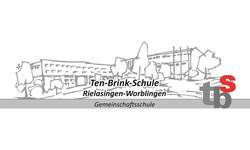 Das Bild zeigt ein stilisiertes Logo der Ten-Brink-Schule Rielasingen-Worblingen mit der Bezeichnung "Gemeinschaftsschule" und einer Zeichnung eines Schulgebäudes im Hintergrund.