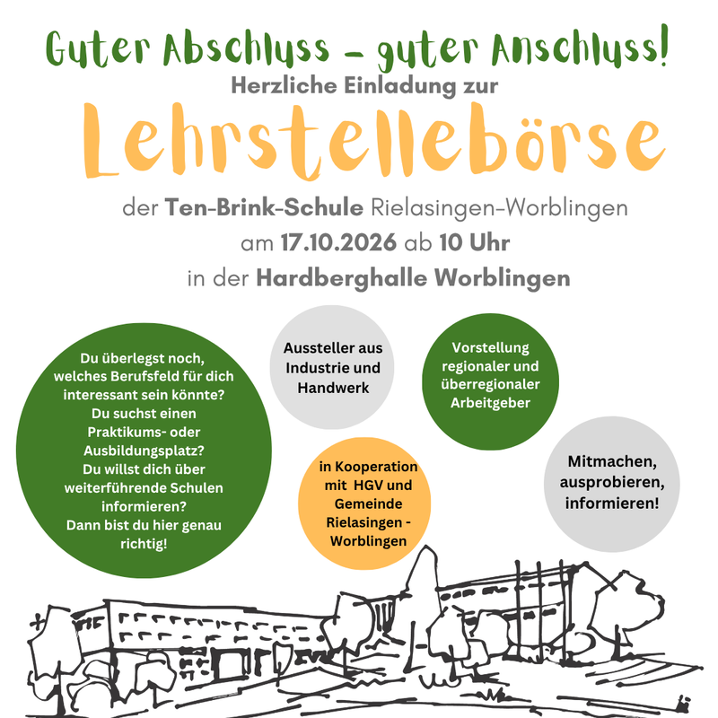 Ein Flyer wirbt für eine Lehrstellenbörse der Ten-Brink-Schule in Rielasingen-Worblingen am 17.10.2026, bei der sich Aussteller aus Industrie und Handwerk präsentieren.