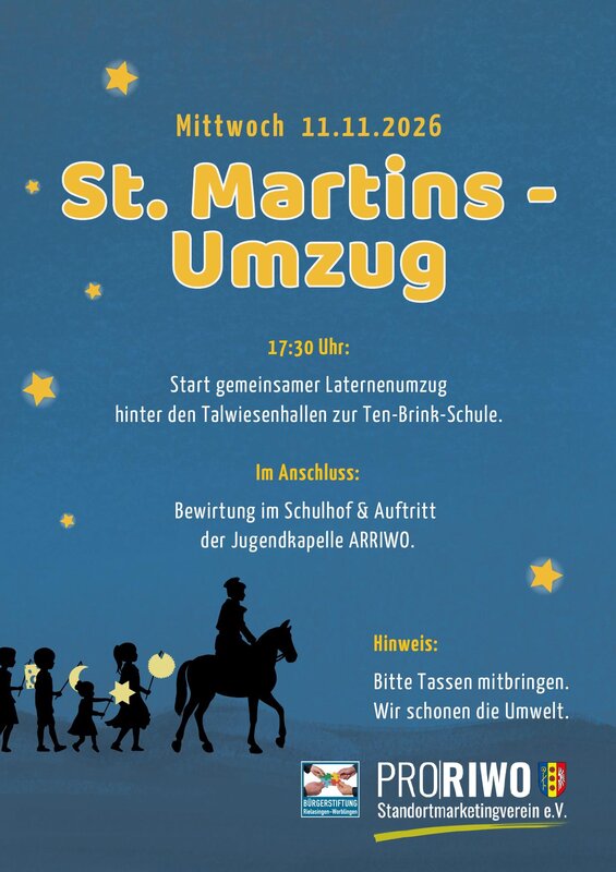 Das Bild zeigt ein Werbeplakat für einen St. Martins-Umzug am 11.11.2026 mit Informationen zum Startzeitpunkt, einem anschließenden Programm und dem Hinweis, eigene Tassen mitzubringen; im Hintergrund ist eine Silhouette von Menschen und einem Reiter mit Laternen.