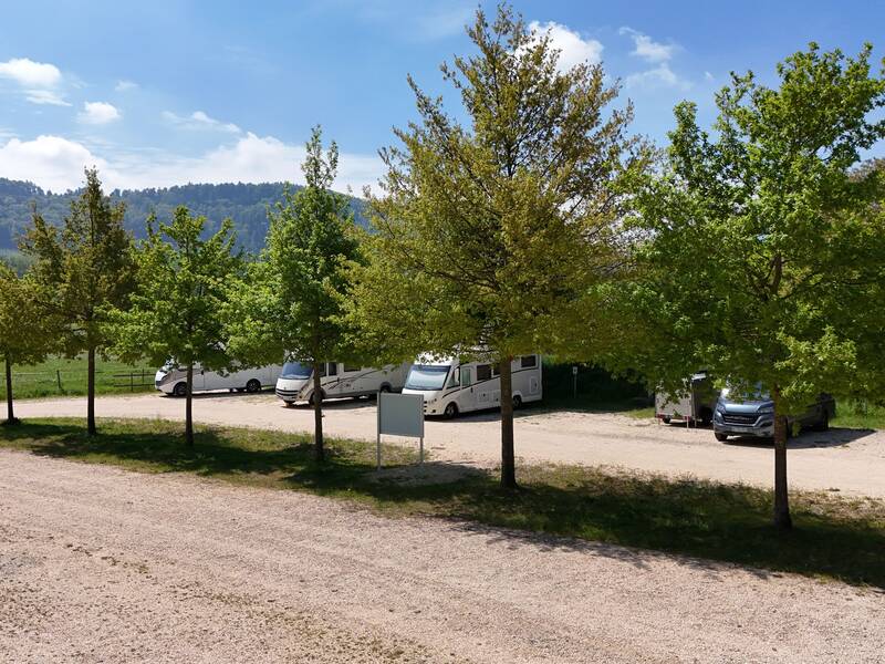 Mehrere Wohnmobile parken auf einem schottrigen Parkplatz, umgeben von Bäumen und einer grünen Landschaft im Hintergrund.