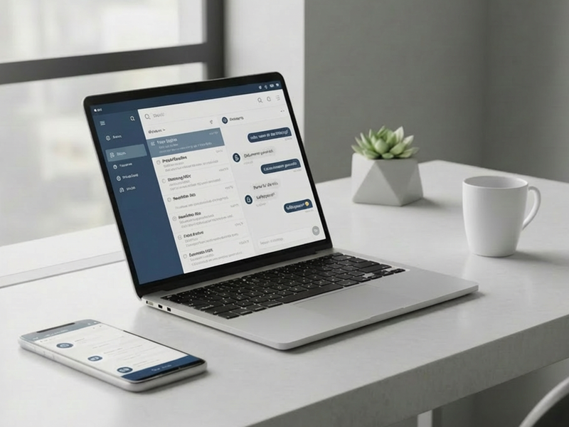 Ein Laptop zeigt eine Benutzeroberfläche mit mehreren Diagrammen, daneben liegen ein Smartphone und eine Tasse auf einem weißen Tisch; im Hintergrund steht eine kleine, grüne Pflanze.